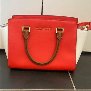 Michael Kors Red and White Satchel with Gold Hardware